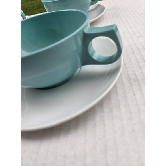 Set 14 Vintage MCM Melmac Durawear White & Turquoise Coffee Cups Berry Bowls - Picture 9 of 13